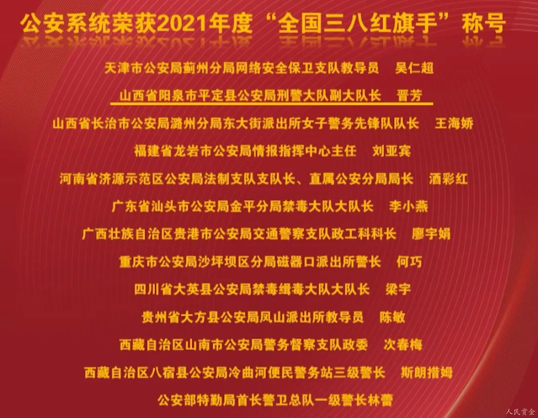 公安系统中有13名个人和8个集体被全国妇联授予“全国三八红旗手”“全国三八红旗集体”的称号